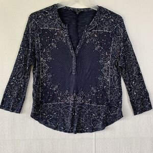 Lucky Brand Top Blouse Shirt Women Small Blue Paisley Print Long Sleeve V Neck